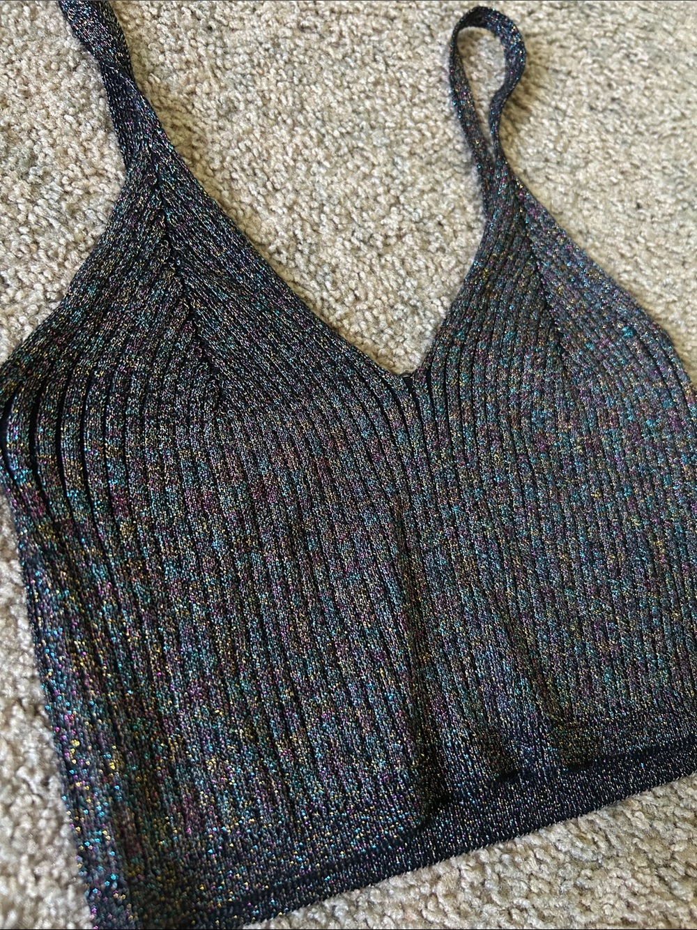 Sparkle Ribbed Crop Tank Top - Black Multicolor